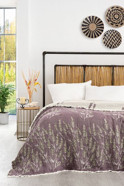 Natural Meet Maya Lavender Pattern 100% Cotton Muslin Bedspread, Muslin Pique 240X260 cm