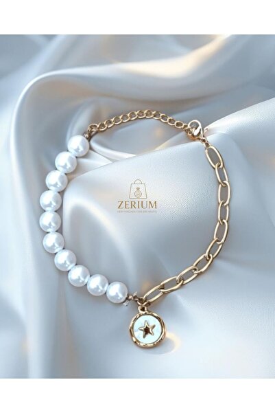 ZERİUM Celestial Fusion: Yıldız Desenli Incili & Zincir Kadın Bileklik 316l