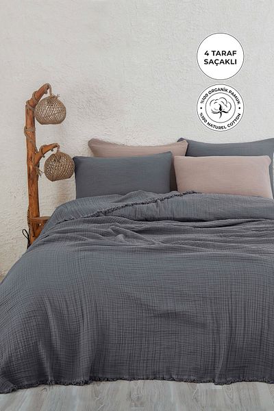 Evlen Home Collection 100% Cotton Muslin Bedspread Single 4 Layer Blanket 2 Piece Muslin Pique Set Anthracite
