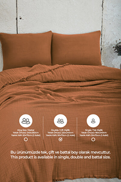 Evlen Home Collection %100 Pamuk Çift Kişilik Müslin Yatak Örtüsü 4 Katlı Yumuşak Battaniye Müslin Pike Takımı 3 Parça
