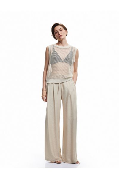 Koton Viscose Fabric Waist Lace up Pleat Detail Wide Leg Palazzo Pants with Pockets