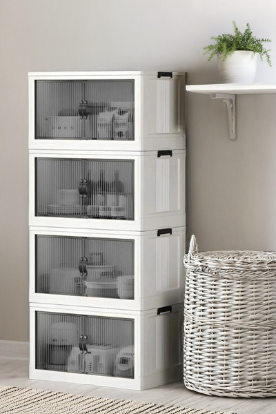 Kitchen Life 4'lü Portatif Istiflenebilir Organizer Mıknatıslı Kapaklı Dolap - Sert Plastik Mutfak Banyo Dolabı