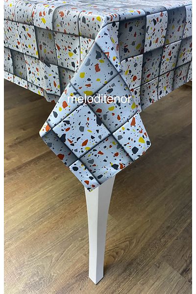 MİRELLA Three-Dimensional 3 D Square Tiles Stone Appearance Thick Fiber Lining Slip-Resistant Pvc Tarpaulin Tablecloth