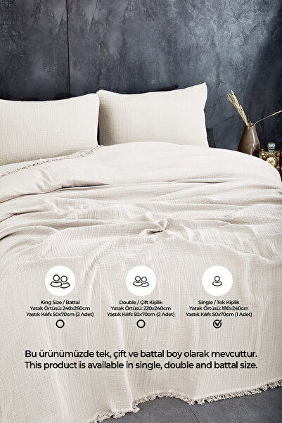 Evlen Home Collection %100 Pamuk Müslin Yatak Örtüsü Seti Tek Kişilik 4 Kat Yumuşak Müslin Pike Takımı Battaniye Krem