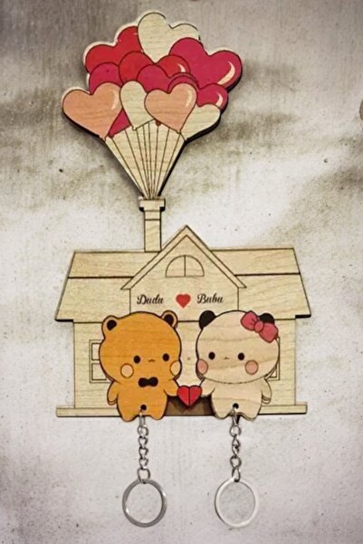 Double Lover Keychain Wooden 2-Piece with Heart Balloon