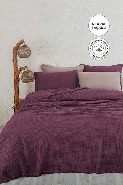 Evlen Home Collection 100% Cotton Muslin Bedspread Battal Size Double 4 Layer Muslin Pique Set 3 Pieces Purple