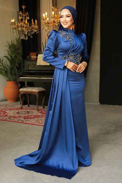 Neva Style Βραδινό φόρεμα με ουρά Navy Blue Satin Hijab 22830l