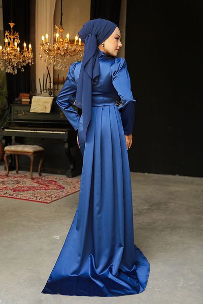 Neva Style Βραδινό φόρεμα με ουρά Navy Blue Satin Hijab 22830l