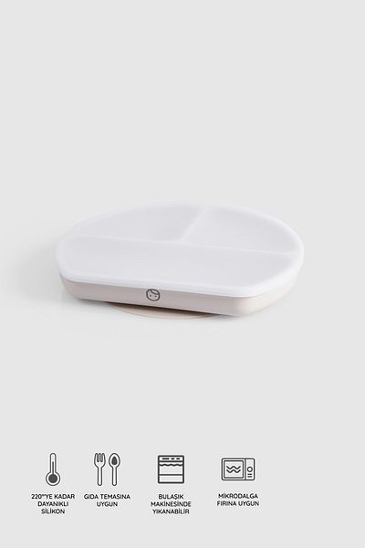 Little Gusto 3 Compartment Covered Silicone Vacuum Beige Food Plate