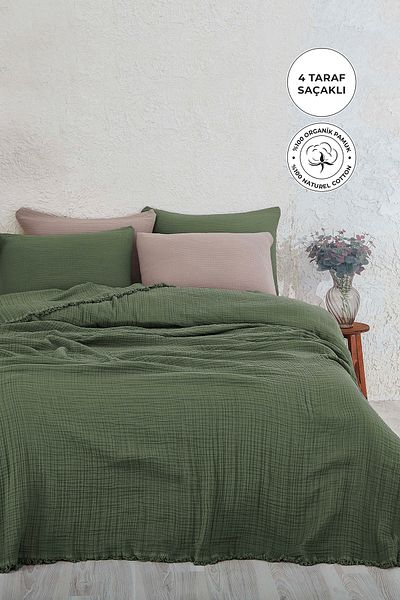 Evlen Home Collection 100% Cotton Muslin Bedspread Single 4 Layer Blanket 2 Piece Muslin Pique Set Green