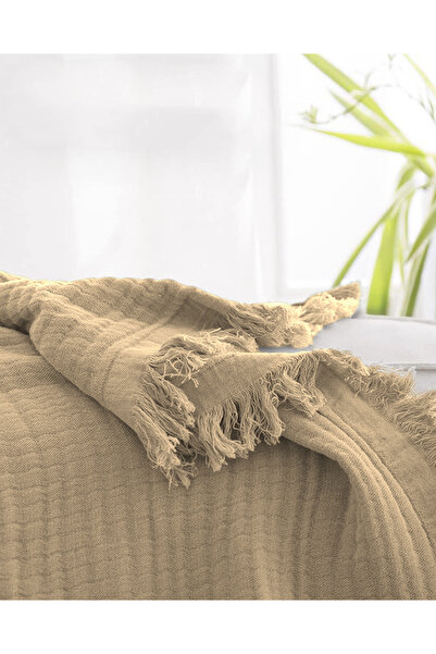 Evlen Home Collection %100 Pamuk Müslin Yatak Örtüsü Battal Boy Çift Kişilik 4 Katlı Müslin Pike Takımı 3 Parça Bej