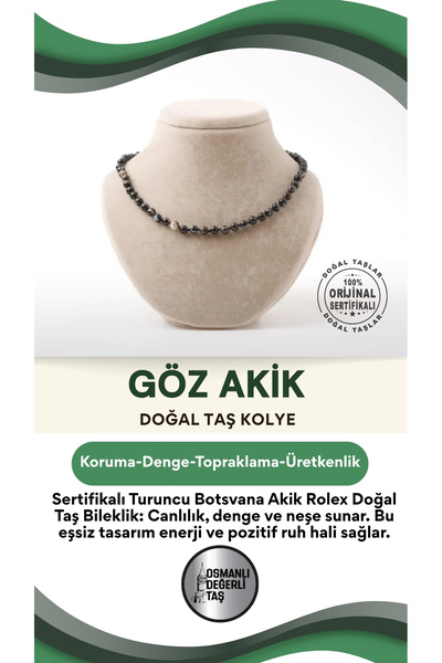 OSMANLI DEĞERLİ TAŞ Sertifikalı Göz Akik Doğaltaş Kolye 6 Mm, M568