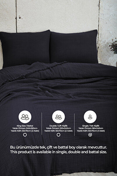 Evlen Home Collection %100 Pamuk Müslin Yatak Örtüsü Tek Kişilik 4 Katlı Battaniye 2 Parça Müslin Pike Seti Siyah