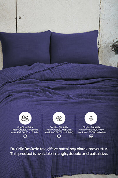 Evlen Home Collection %100 Pamuk Müslin Yatak Örtüsü Tek Kişilik 4 Katlı Battaniye 2 Parça Müslin Pike Seti Lacivert