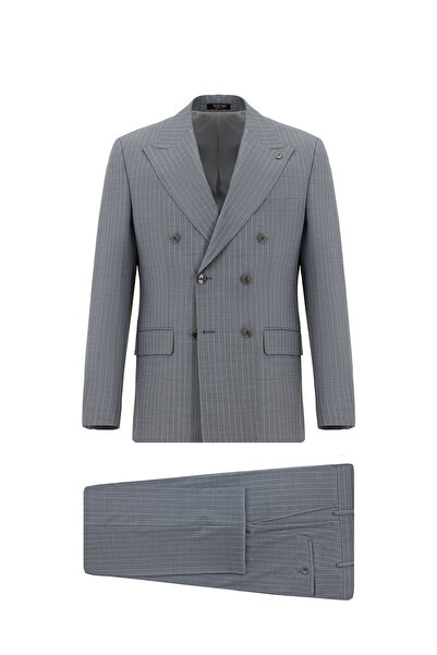 Kiğılı Slim Fit Dar Kesim Yünlü Çizgili Kruvaze Takım Elbise