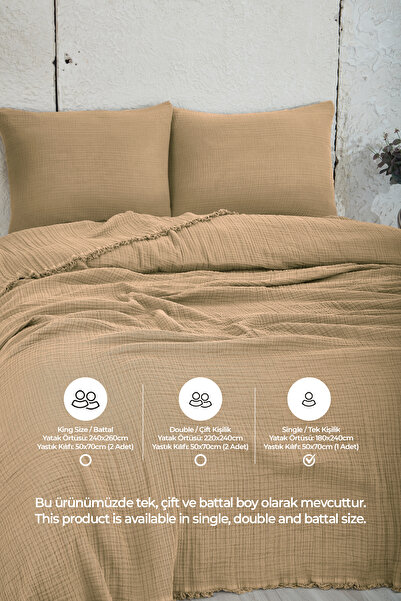 Evlen Home Collection 100% Cotton Muslin Bedspread Single 4 Layer Blanket 2 Piece Muslin Pique Set Beige