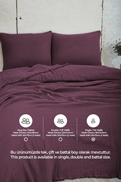 Evlen Home Collection %100 Pamuk Müslin Yatak Örtüsü Tek Kişilik 4 Katlı Battaniye 2 Parça Müslin Pike Seti Mor
