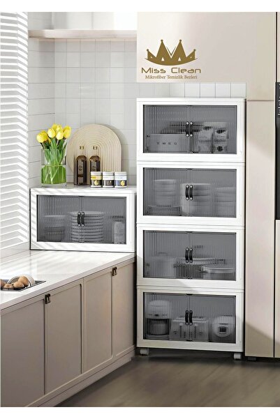 MissClean 4 Lü Özel Set Beyaz Renk Çok Amaçlı Kapaklı Portatif Istiflenebilir Organizer Dolap Tekerlekli