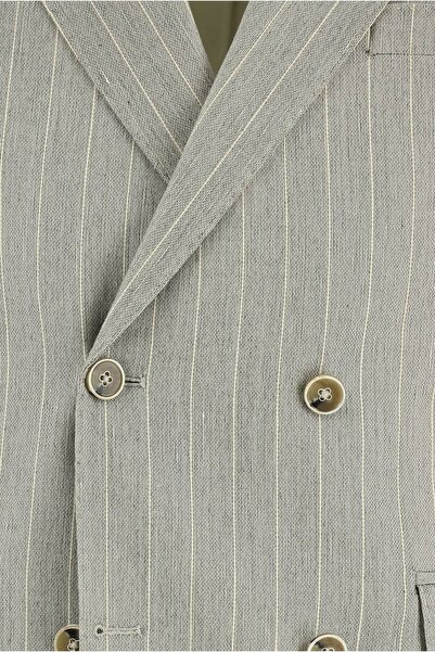 Abdullah Kiğılı Slim Fit Dar Kesim Çizgili Keten Kruvaze Takım Elbise