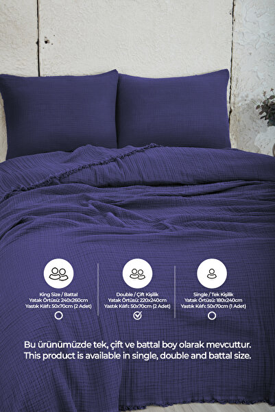 Evlen Home Collection %100 Pamuk Çift Kişilik Müslin Yatak Örtüsü 4 Katlı Yumuşak Battaniye Müslin Pike Takımı 3 Parça