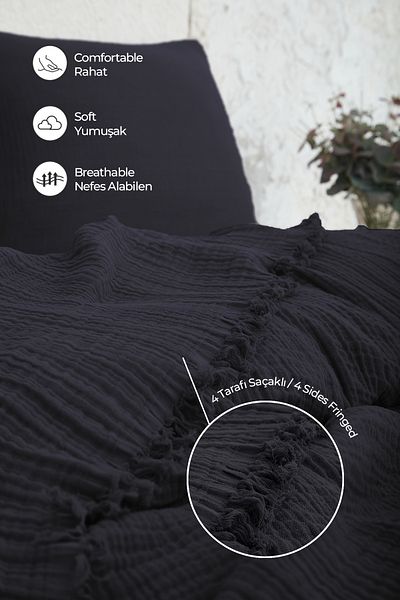 Evlen Home Collection Cuvertură de pat muselină din bumbac 100% Dimensiune Battal Set dublu muselină piqué cu 4 straturi 3 piese Negru