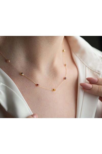 Minimal Kolye 14 Ayar Altın Karışık Taşlı Kolye Amatist, Topaz, Pembe, Peridot ve Garnet Taşlı, 11 Adet 3mm Taş,