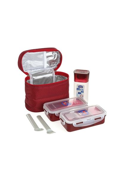 locknlock 3PC Insulated Lunch Bag Set - Red, Airtight and BPA-Free Containers with Water Bottle