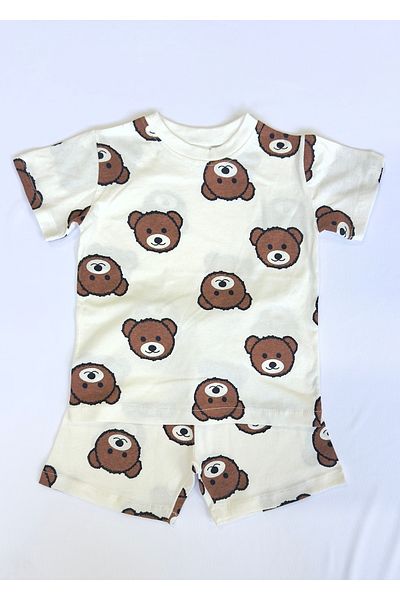 Drop Kids Mother Baby Pajama Set Combination Brown Teddy Bear Pattern Shorts (Sold Individually)