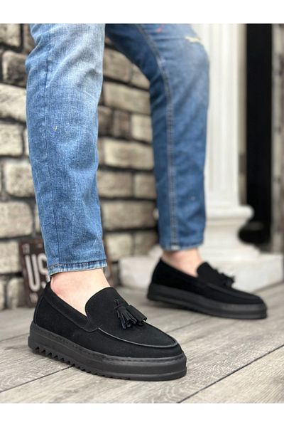 Lisinya Ba0154 Suede Black Men's Shoes - High Sole, Laceless, Tasseled