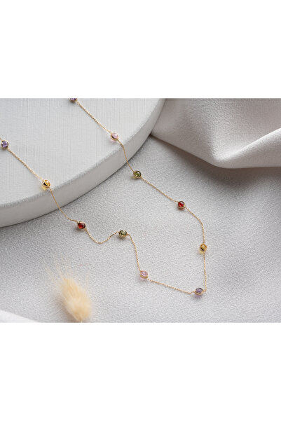 Minimal Kolye 14 Ayar Altın Karışık Taşlı Kolye Amatist, Topaz, Pembe, Peridot ve Garnet Taşlı, 11 Adet 3mm Taş,