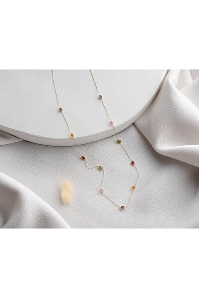Minimal Kolye 14 Ayar Altın Karışık Taşlı Kolye Amatist, Topaz, Pembe, Peridot ve Garnet Taşlı, 11 Adet 3mm Taş,