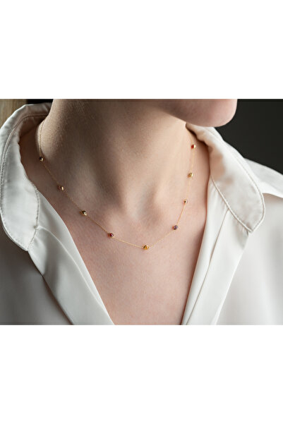 Minimal Kolye 14 Ayar Altın Karışık Taşlı Kolye Amatist, Topaz, Pembe, Peridot ve Garnet Taşlı, 11 Adet 3mm Taş,