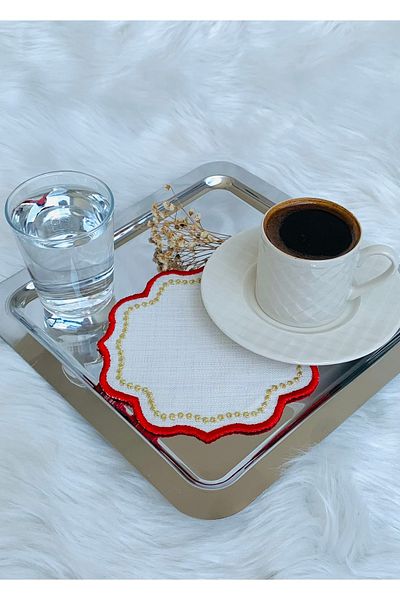 Mora Tekstil Glitter Colored Presentation Napkin, Cocktail Napkin, Coffee Side Presentation, Embroidered Presentation Napkin Set of 6