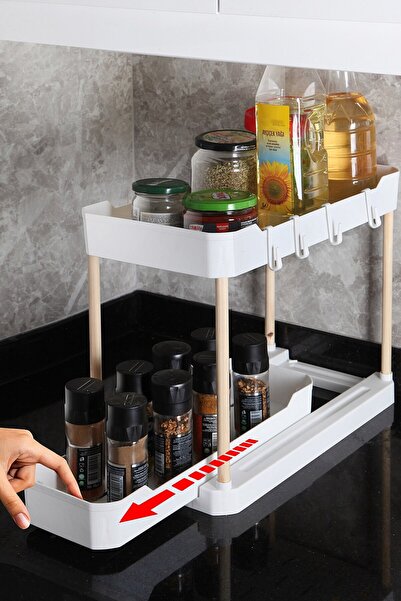 Nandy Home Two-Tier Functional Organizer with Wooden Legs – Cabinet, under Sink, Counter Top White