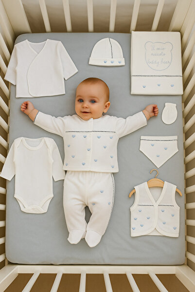 Cherub Baby Teddy Bear %100 Pamuk Yenidoğan Erkek Bebek 10 Parça Hastane Çıkışı Zıbın Seti