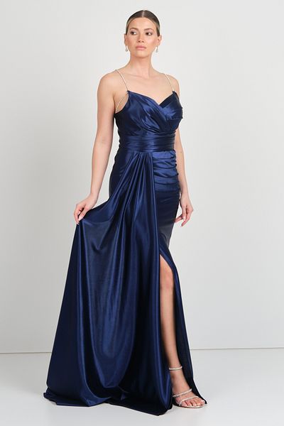 renk abiye Color Women's Rope Strap Cross-Tied Back and Draped Bust Evening Dress 5134 Navy Blue