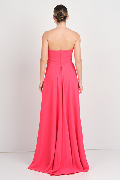 Saygın Women's Strapless Stone Detailed Slit Long Evening Dress 5656 Coral