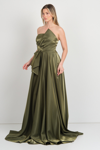 Hvit Vera Γυναικείο Φόρεμα Μάξι Βραδινό Φόρεμα Στράπλες Γυαλιστερό Σατέν Υφασμάτινο 5785 Χακί