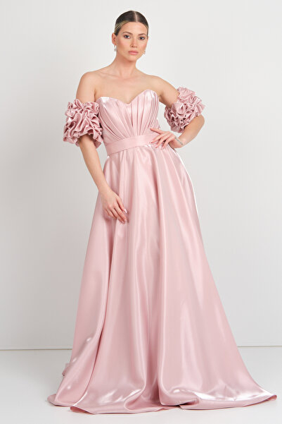 renk abiye Renk Kadın Kalp Yaka Drapeli Kol Detaylı Kloş Uzun Abiye Elbise 5265 Pudra