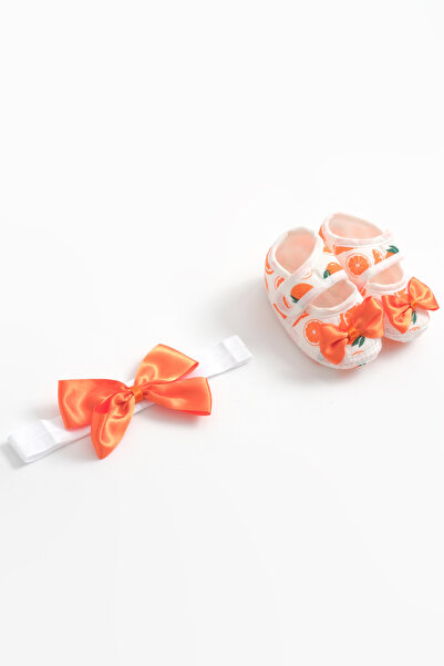 lilico Orange White Orange Printed Bow Detailed Bandana Newborn Booties