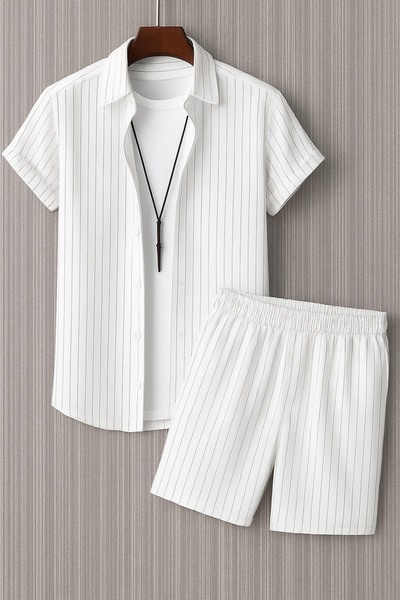 THEGENTMAN Set cămașă și pantaloni scurți din țesătură crep cu dungi