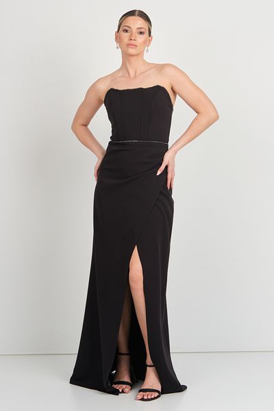 renk abiye Color Women Strapless Crepe Fabric Long Evening Dress 5295 Black
