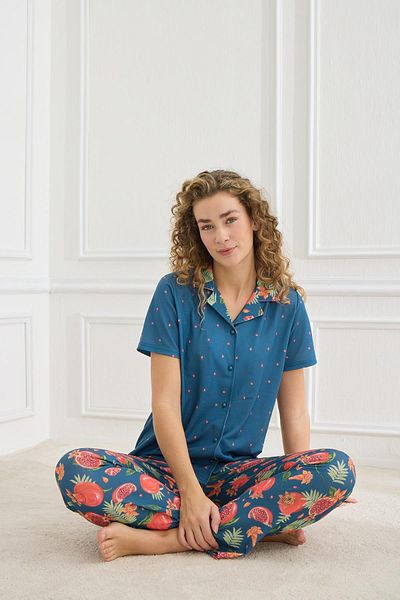 Kompedan Γυναικείο Σετ Πυτζάμες με μοτίβο Polo Collar Lycra |   Ινδικό 70110-855