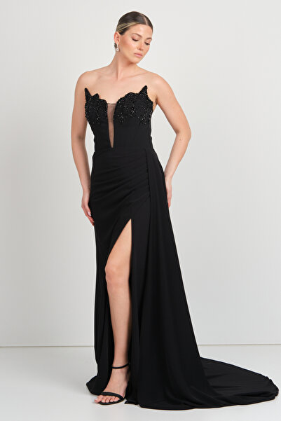 Mor Sposa Women's Deep Slit Chest Stone Embroidered Crepe Fabric Evening Dres...