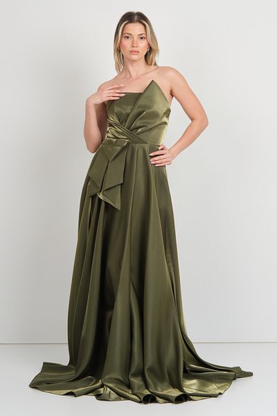 Hvit Vera Women Strapless Shiny Satin Fabric Maxi Evening Dress 5785 Khaki