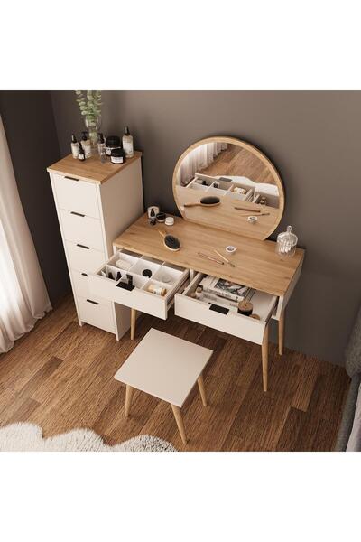Bimossa Lucy Makyaj Masası Takımı U1060 – Sepet Kumtaşı | Tabureli, Aynalı, Çok Amaçlı