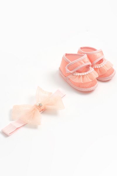 lilico Salmon Lace Glitter Bow Bandana Newborn Booties