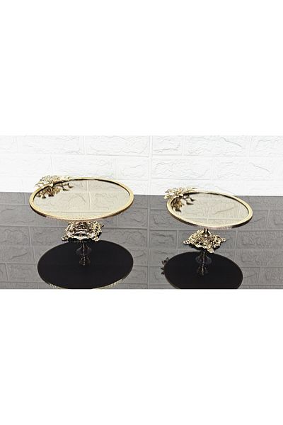 atabey home 2-Pack Bronze Mirror Round Serving Plate 20+25 cm - Presentation Cast Gold Frame and Cast Foot