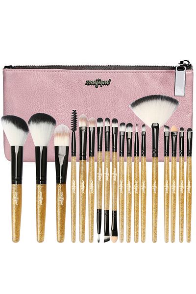 zenifique Set of 18 Makeup Brushes, Zenifique, Synthetic Hair, With Case, Glitter Handle, Gold