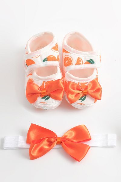 lilico Orange White Orange Printed Bow Detailed Bandana Newborn Booties